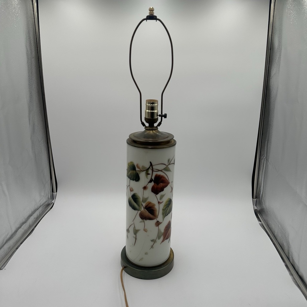 Vintage Floral Milk Glass Table Lamp Brass Tone Base Double Socket 2 Light